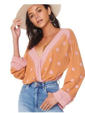 Intimately Free People Size S On Board Bodysuit Orange Pink Lace Flared Sleeve